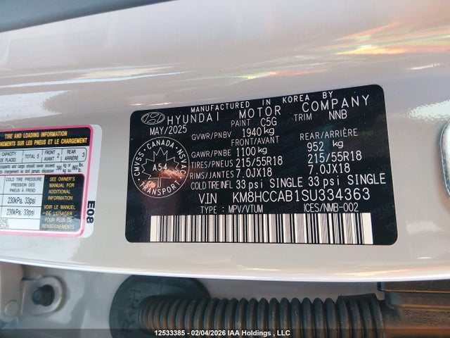 12533385 :رقم المزاد ، KM8HCCAB1SU334363 vin ، 2025 Hyundai Kona Sel مزاد بيع