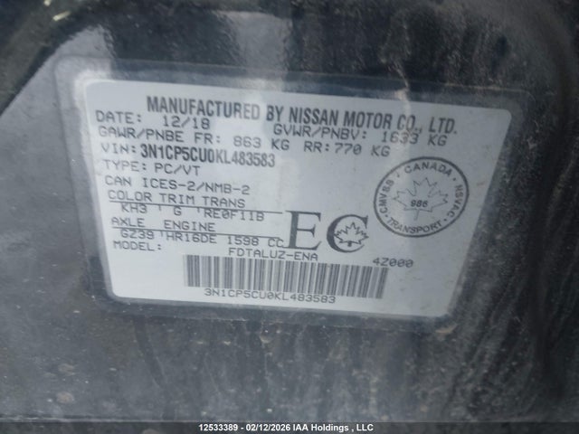 3N1CP5CU0KL483583 Nissan Kicks S/sr/sv