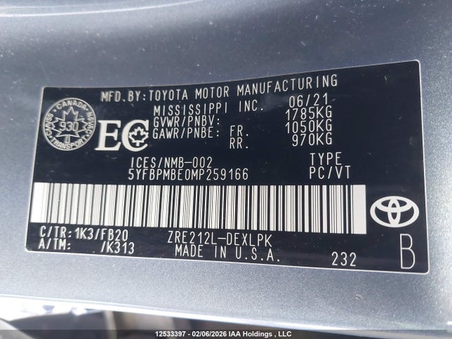 Aukcja sprzedaży 2021 Toyota Corolla, vin: 5YFBPMBE0MP259166, numer aukcji: 12533397