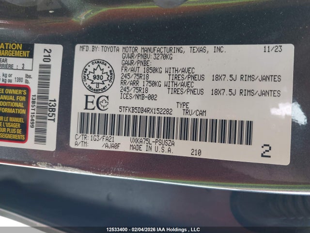 Toyota Tundra Sr 4x4 2024 5TFKB5DB4RX152282 Image 9