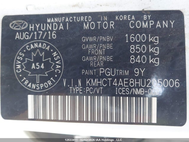 KMHCT4AE8HU205006 Hyundai ACCENT SE