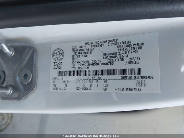 2019 Ford Escape Sel მანქანა იყიდება აუქციონზე, vin: 1FMCU9HD0KUB69780, აუქციონის ნომერი: 12533412