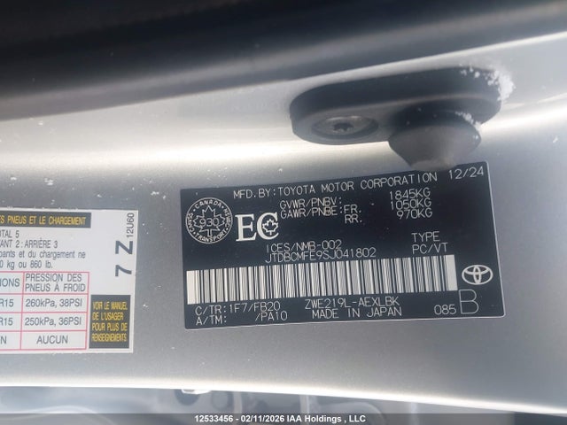 12533456 :رقم المزاد ، JTDBCMFE9SJ041802 vin ، 2025 Toyota Corolla Hybrid Le مزاد بيع