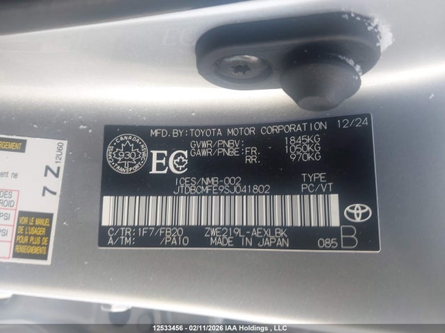 12533456 :رقم المزاد ، JTDBCMFE9SJ041802 vin ، 2025 Toyota Corolla Hybrid Le مزاد بيع