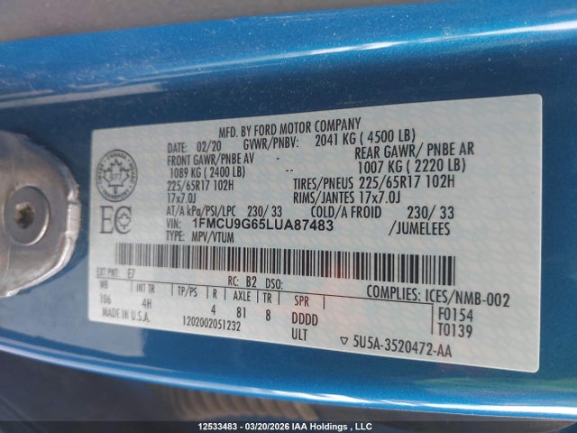 Продажа на аукционе авто 2020 Ford Escape Se, vin: 1FMCU9G65LUA87483, номер лота: 12533483