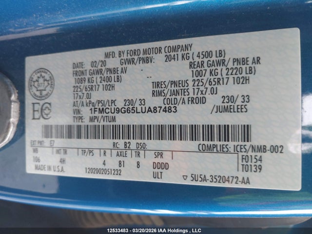 Продажа на аукционе авто 2020 Ford Escape Se, vin: 1FMCU9G65LUA87483, номер лота: 12533483