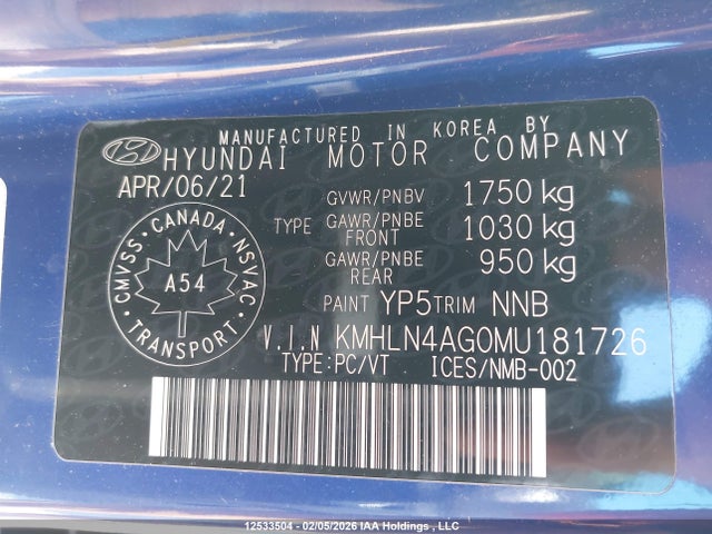 KMHLN4AG0MU181726 Hyundai ELANTRA SEL