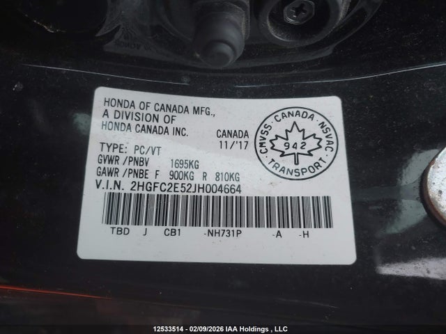 12533514 :رقم المزاد ، 2HGFC2E52JH004664 vin ، 2018 Honda Civic Lx مزاد بيع