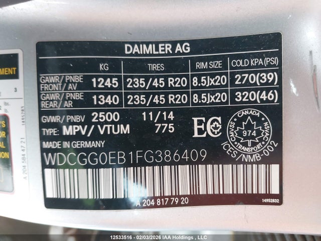 WDCGG0EB1FG386409 Mercedes-Benz Glk 250 Bluetec