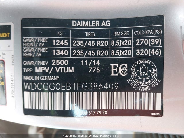 WDCGG0EB1FG386409 Mercedes-Benz Glk 250 Bluetec