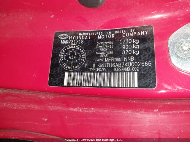 KMHTH6AB7KU002666 Hyundai Veloster Turbo