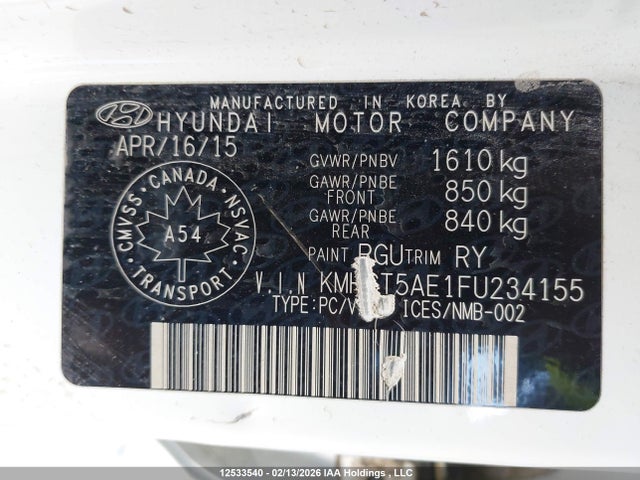 12533540 :رقم المزاد ، KMHCT5AE1FU234155 vin ، 2015 Hyundai Accent مزاد بيع