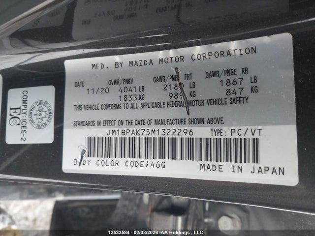 Aukcja sprzedaży 2021 Mazda Mazda3, vin: JM1BPAK75M1322296, numer aukcji: 12533584