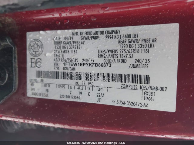 Продаж на аукціоні авто 2019 Ford F150 Supercrew, vin: 1FTEW1EPXKFB86873, номер лоту: 12533586