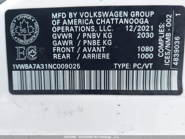Aukcja sprzedaży 2022 Volkswagen Passat 2.0t Limited Edition, vin: 1VWBA7A31NC009025, numer aukcji: 12533592