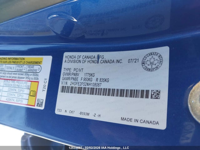 2HGFE2F52NH108067 Honda Civic Sport
