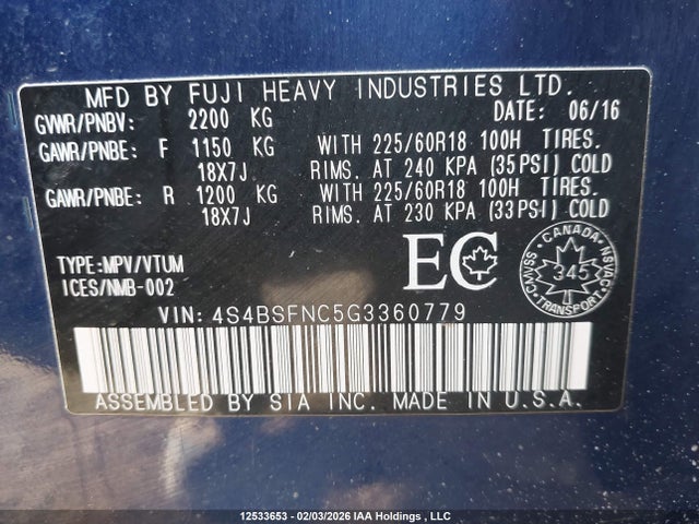 4S4BSFNC5G3360779 Subaru Outback 3.6r Limited