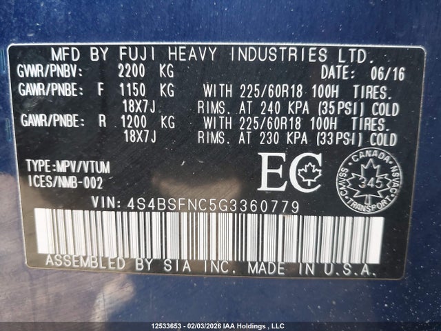 4S4BSFNC5G3360779 Subaru Outback 3.6r Limited