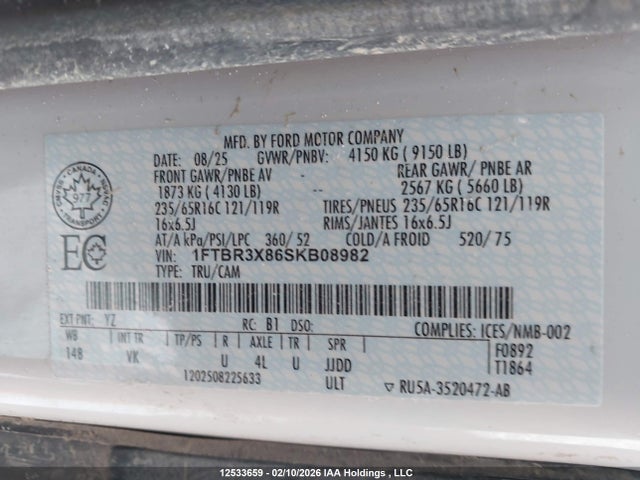 12533659 :رقم المزاد ، 1FTBR3X86SKB08982 vin ، 2025 Ford Transit T-250 مزاد بيع
