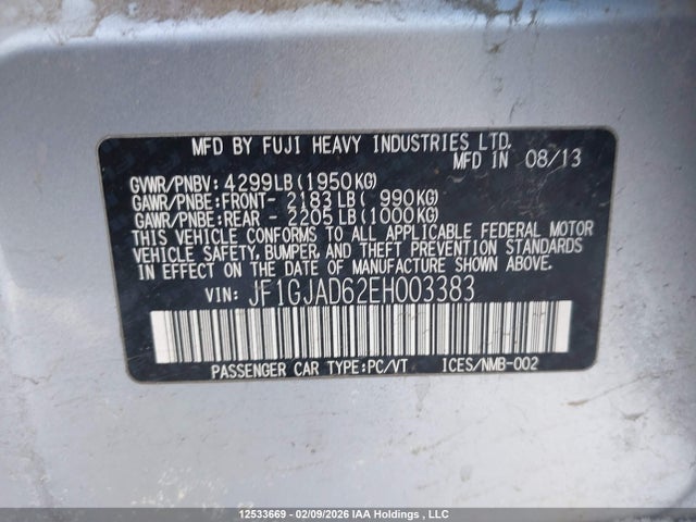 Aukcja sprzedaży 2014 Subaru Impreza, vin: JF1GJAD62EH003383, numer aukcji: 12533669