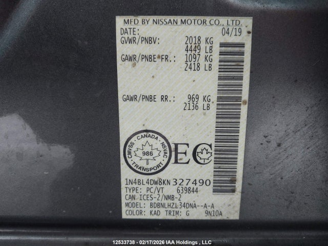1N4BL4DW8KN327490 Nissan Altima 2.5 Sv