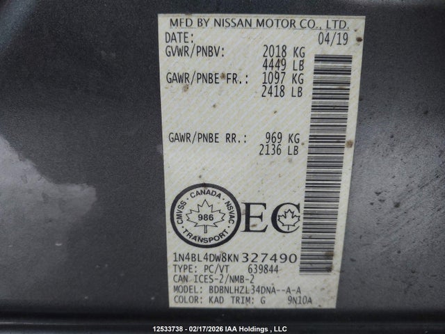 1N4BL4DW8KN327490 Nissan Altima 2.5 Sv