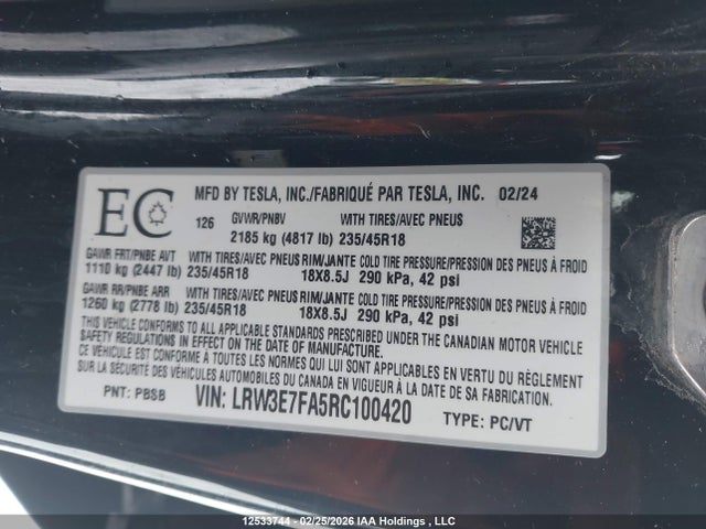 LRW3E7FA5RC100420 Tesla Model 3 Long Range Battery/performance