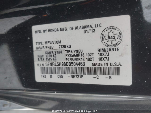Aukcja sprzedaży 2013 Honda Odyssey Touring, vin: 5FNRL5H98DB504463, numer aukcji: 12533774