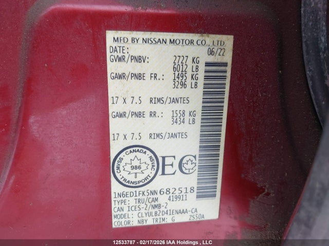 Продажа на аукционе авто 2022 Nissan Frontier, vin: 1N6ED1FK5NN682518, номер лота: 12533787