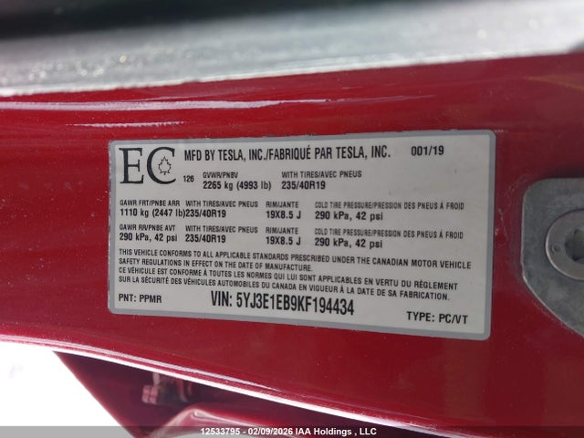 5YJ3E1EB9KF194434 Tesla Model 3 Long Range/performance