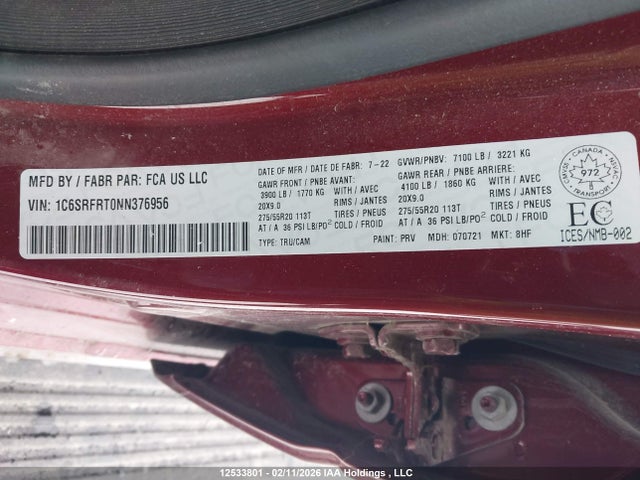 12533801 :رقم المزاد ، 1C6SRFRT0NN376956 vin ، 2022 Ram 1500 Laramie مزاد بيع