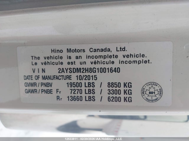 Продаж на аукціоні авто 2016 Hino 195, vin: 2AYSDM2H8G1001640, номер лоту: 12533811