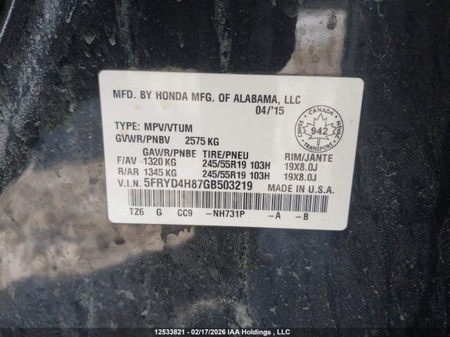 5FRYD4H87GB503219 Acura Mdx Elite