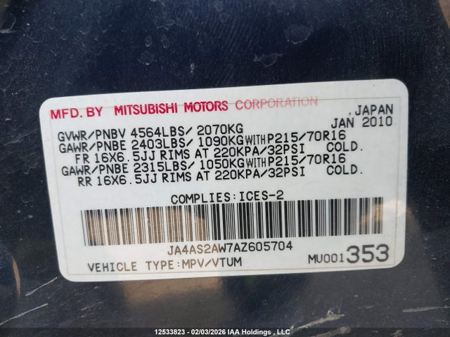 12533823 :رقم المزاد ، JA4AS2AW7AZ605704 vin ، 2010 Mitsubishi Outlander Es مزاد بيع