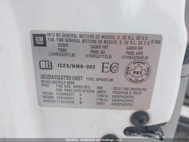 2007 Buick Rendezvous Cx/cxl მანქანა იყიდება აუქციონზე, vin: 3G5DA03L87S513687, აუქციონის ნომერი: 12533836