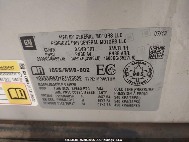 1GKKVRKD1EJ125822 GMC Acadia Slt1