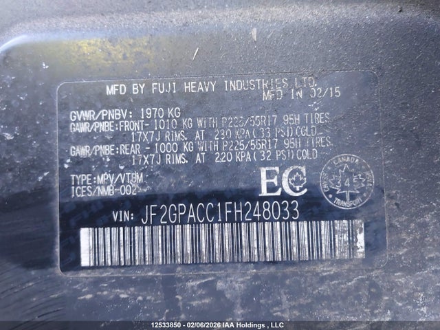 Продаж на аукціоні авто 2015 Subaru Xv Crosstrek 2.0 Premium, vin: JF2GPACC1FH248033, номер лоту: 12533850