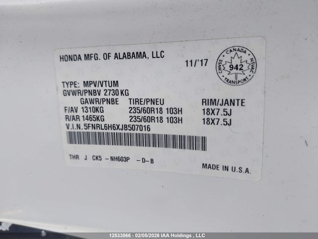 5FNRL6H6XJB507016 Honda ODYSSEY EXL