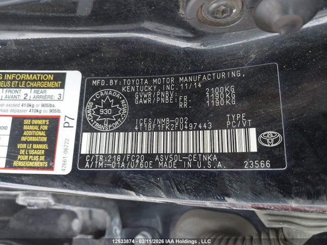 12533874 :رقم المزاد ، 4T1BF1FK2FU497443 vin ، 2015 Toyota Camry Le مزاد بيع