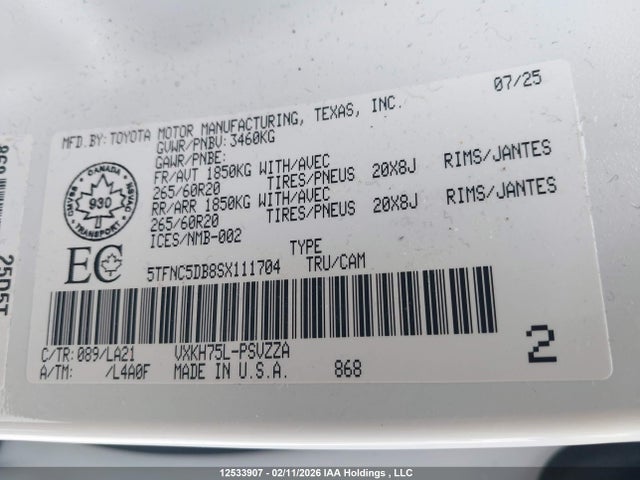 Aukcja sprzedaży 2025 Toyota Tundra Hybrid Platinum 4x4, vin: 5TFNC5DB8SX111704, numer aukcji: 12533907