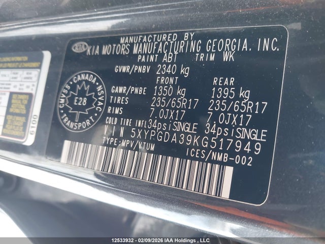 5XYPGDA39KG517949 KIA Sorento 2.4l Lx