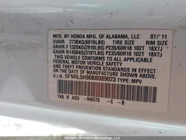 12533946 :رقم المزاد ، 5FNRL5H90BB089023 vin ، 2011 Honda Odyssey Touring مزاد بيع