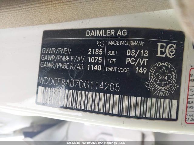 12533948 :رقم المزاد ، WDDGF8AB7DG114205 vin ، 2013 Mercedes-benz C 300 4matic مزاد بيع