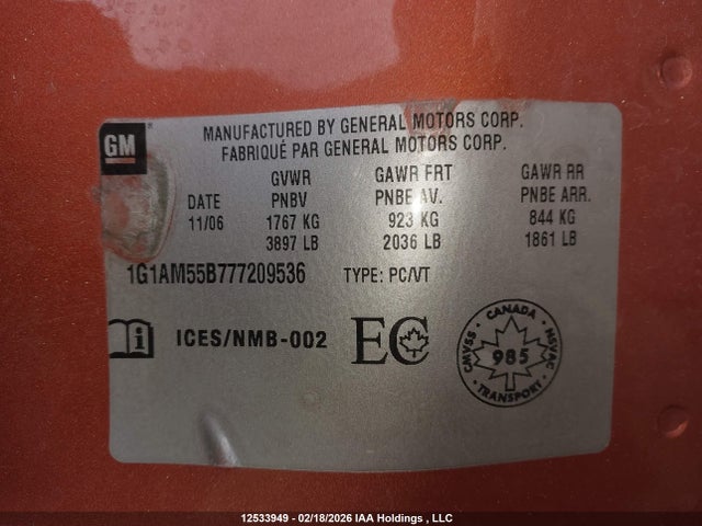 Продаж на аукціоні авто 2007 Chevrolet Cobalt Ss, vin: 1G1AM55B777209536, номер лоту: 12533949