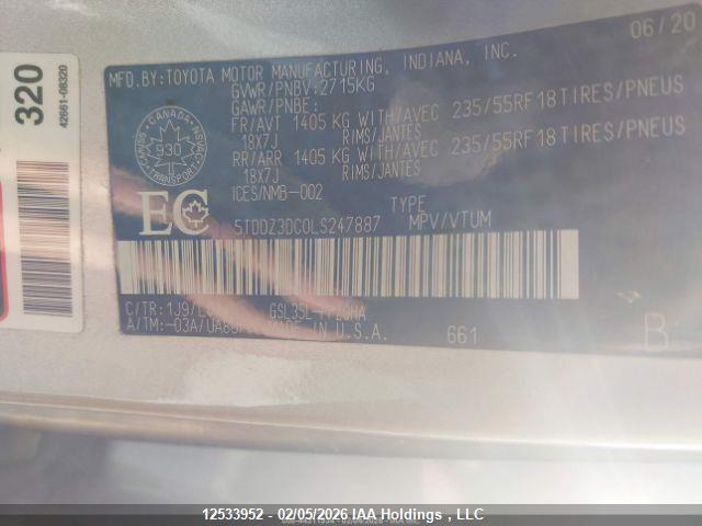 Aukcja sprzedaży 2020 Toyota Sienna, vin: 5TDDZ3DC0LS247887, numer aukcji: 12533952