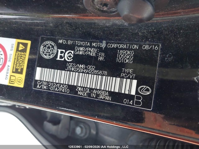 JTHKD5BH6H2285878 Lexus CT 200H