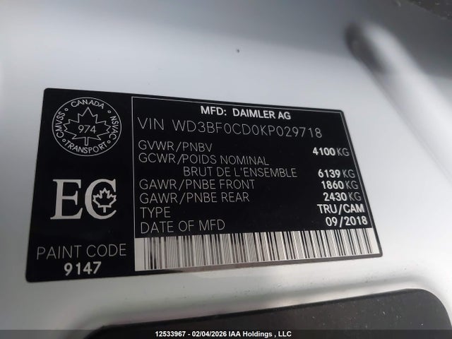 Aukcja sprzedaży 2019 Mercedes-benz Sprinter 2500/3500, vin: WD3BF0CD0KP029718, numer aukcji: 12533967