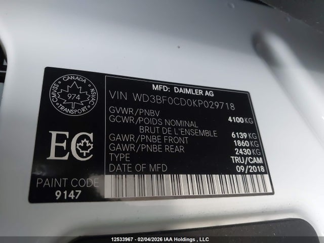Aukcja sprzedaży 2019 Mercedes-benz Sprinter 2500/3500, vin: WD3BF0CD0KP029718, numer aukcji: 12533967