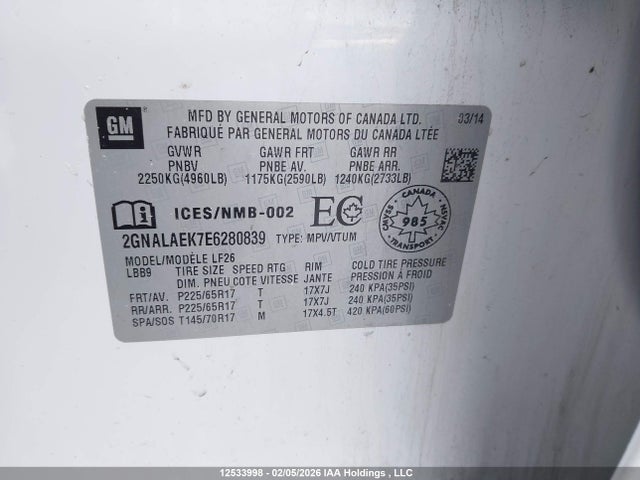 Aukcja sprzedaży 2014 Chevrolet Equinox, vin: 2GNALAEK7E6280839, numer aukcji: 12533998