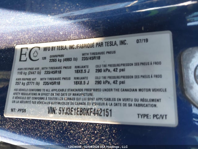 5YJ3E1EB0KF442151 Tesla MODEL 3